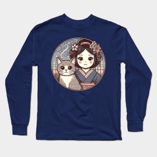 Japanese cat with Retro Anime Long Sleeve T-Shirt